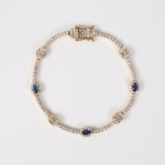 14K YG Diamond Baguette Luxury With Oval Sapphire Bracelet / 11.9gr / 2.1mm / 7in / D-2.5Ct / S-1.00