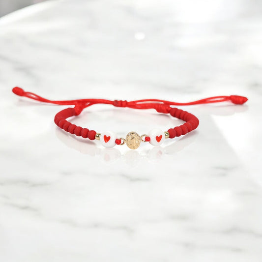 18K YG Virgin Of Guadalupe -Hearts - Smooth Balls Bracelet Tejido / 0.4gr / Adjustable /