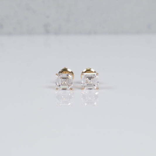 14K YG Lab Diamond Asscher Cut With Certificate Stud Earrings / 1.2gr / 5mm / 2 CTTW Lab VS / E-F