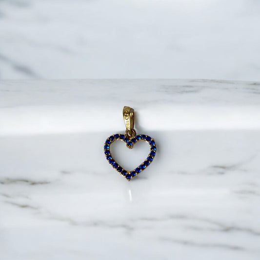 18K Yellow Gold Heart Pendant With Blue/White Zircons / 1.5gr / 0.7in