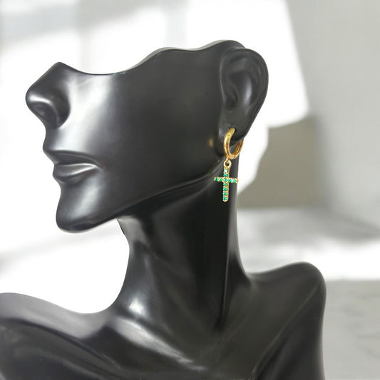 18K Yellow Gold Cross Hoop Earrings With Green Zircons / 2.8gr