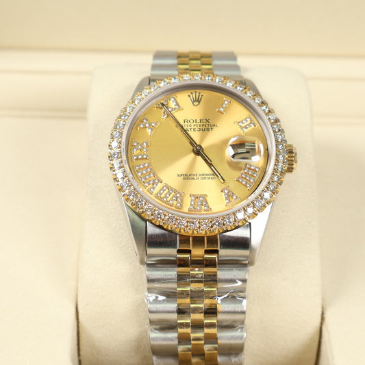 Rolex Datejust Champagne Dia Dial - Diamond Bezel Two Tone Ref 16013 Watch / 36mm /