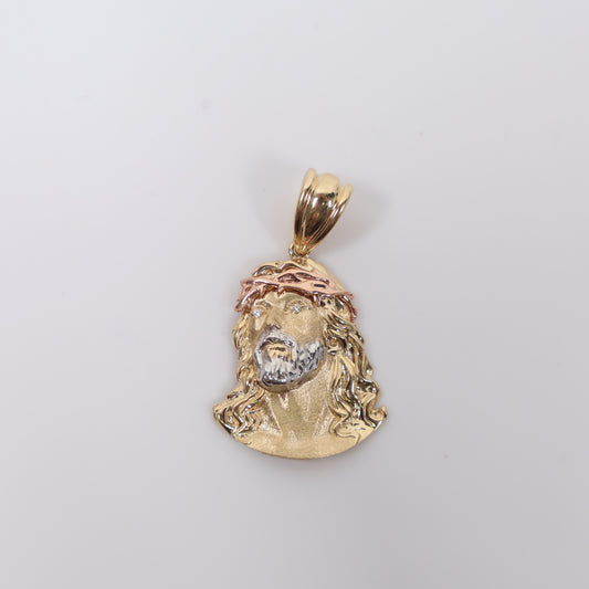 14K 3 Tone Little Jesus Face Pendant / 2.33gr / 1in / White Zircons