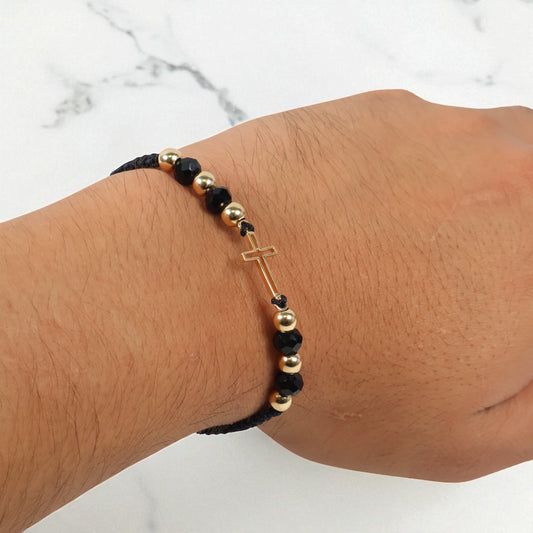 18K YG Cross Silhouette-Smooth Balls Bracelet Tejido / 1.7gr / Adjustable /