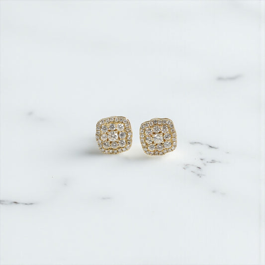 10K YG Diamond Double Square Luxury Stud Earrings / 1.94gr / 8mm / D-0.60Ct