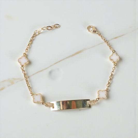 14K YG Baby Roll-on Name Plate With White Clover Bracelet / 2.1gr / 2mm / 6in /