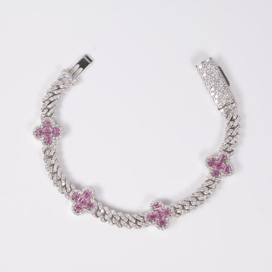 14K WG Cuban links Bustdown With Sappire Clovers Bracelet / 29.15 / 6.4mm / 7in / D-4Ct / S-3.31