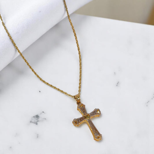 14K 2 Tone Cross Set Jewelry / 4.68gr / 1.4mm / 18in /