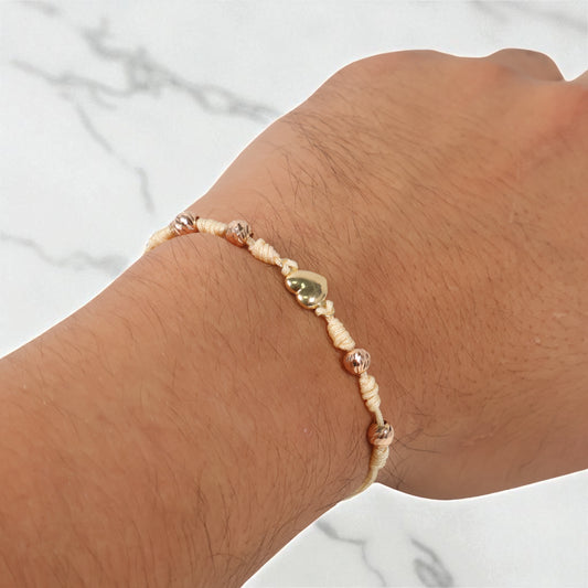 18K 2 Tone Heart-Diamond Cut Balls Bracelet Tejido / 1.04gr / Adjustable /