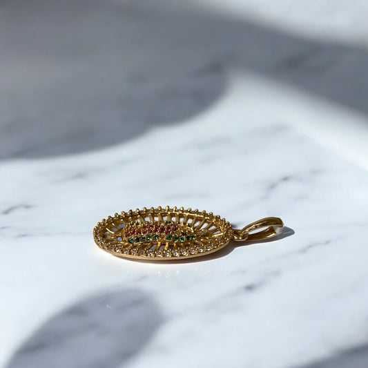 18K Yellow Gold Virgen Guadalupe Pendant With Green/Fucshia/White Zircons / 3.5gr