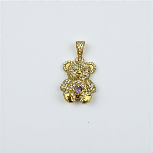 10K Yellow Gold Diamond Bear-Heart Lilac Pendant 1.05Ct Dia / 3.84gr / 1.3in