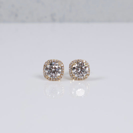 14K YG Lab Diamond Norwich Cushion Cut With Certificate Stud Earrings / 2gr / 9mm / 3.32 CTTW Lab VS / E-F