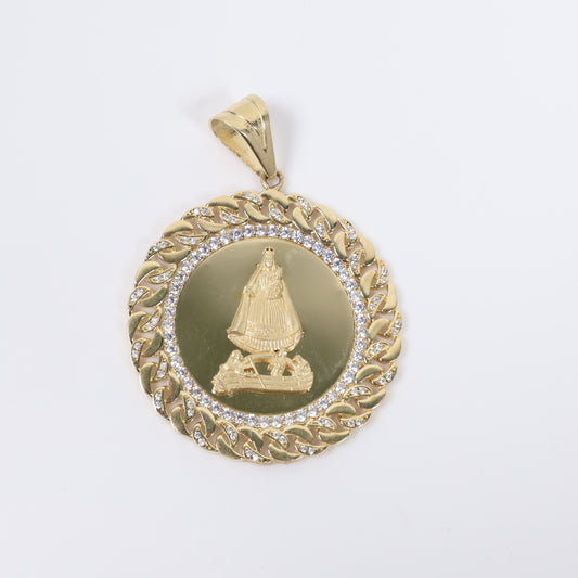 14K YG Medal Of The Virgin Of Charity Of Copper Pendant / 12.9gr / 1.8in / White Zircons