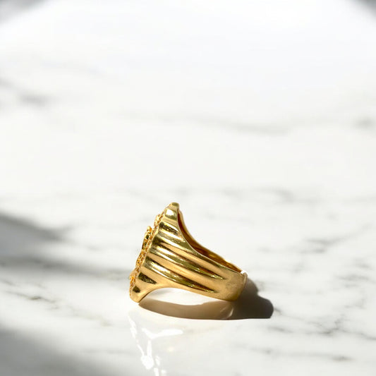 18K Yellow Gold Virgen De Guadalupe Ring With Blue/Pink/White Zircons / 7gr / Size 8.5