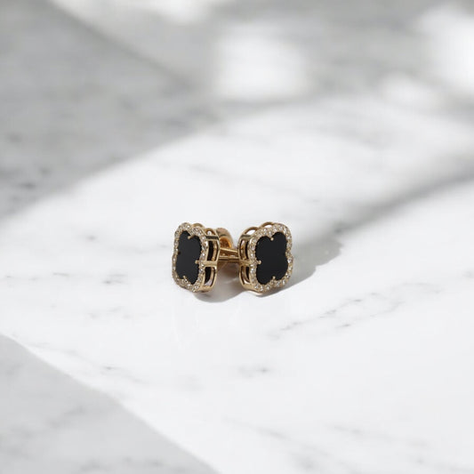 14K YG Black Clover Stud Earrings / 1.8gr / 10mm / 0.47Ct Dia