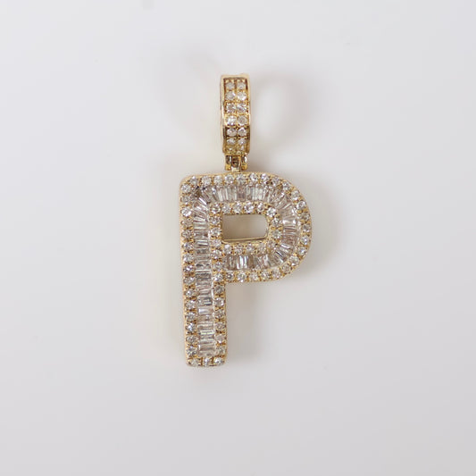 10K YG Diamond Baguette Letter P Pendant / 2.8gr / 0.8in / D-0.60Ct