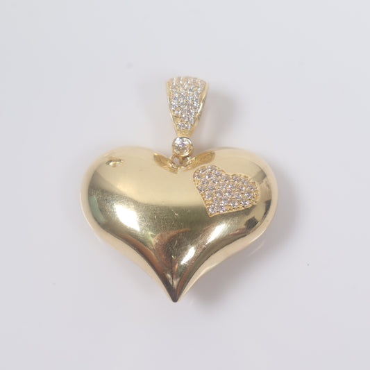14K YG Big Heart Pendant / 10.2gr / 1.6in / White Zircons