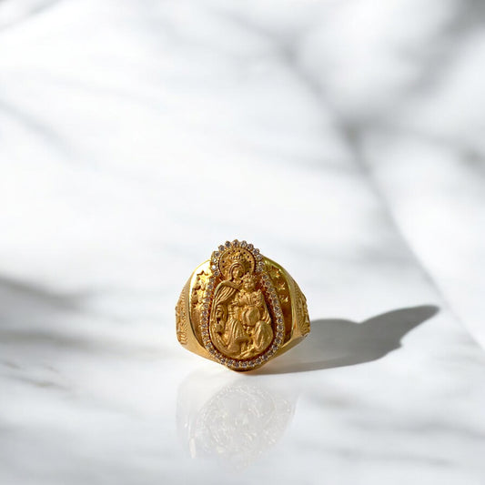 18K Yellow Gold Virgen Del Carmen Ring With Zircons / 16.7gr / Size 9 1/2