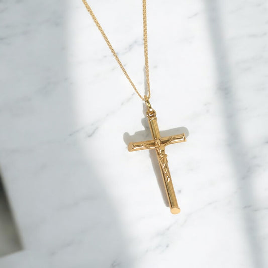 18K YG Crucifix Set Jewelry / 6.7gr / 1.3mm / 24in /