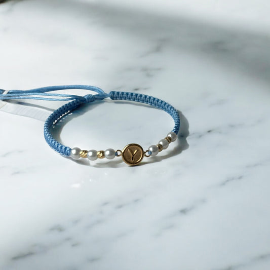 18K Yellow Gold Tejida Letter Y Circle Mate- Smooth Balls Bracelet Adjustable / 0.72gr