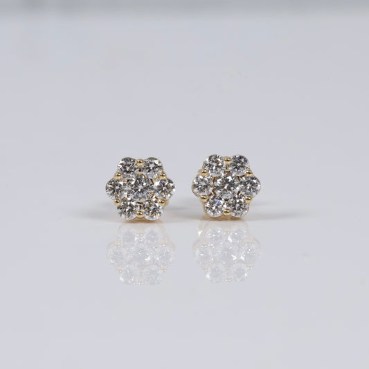 14K YG Lab Diamond Flower Stud Earrings / 2.3gr / 9mm / 1.50 CTTW Lab VS / E-F