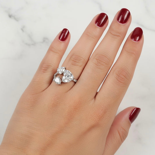 14K WG Lab Diamond Heart With Pears Rings / 4.11gr / Sz 6 1/4 / Lab HT-3.08Ct / Lab D-1.55Ct