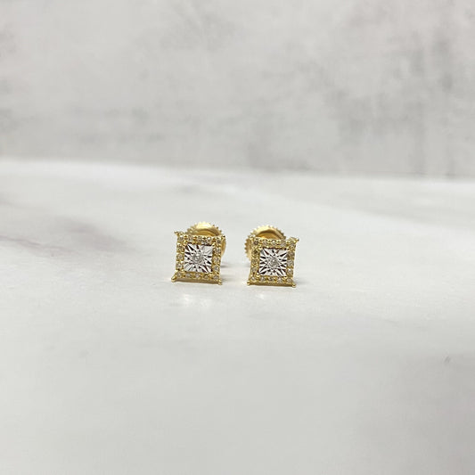 10K Yellow Gold Diamond Square Luxury Stud Earrings 0.08Ct Dia / 1.47gr / 6mm
