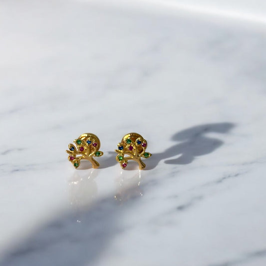 18K Yellow Gold Tree Stud Earrings With Colors Zircon / 0.9gr