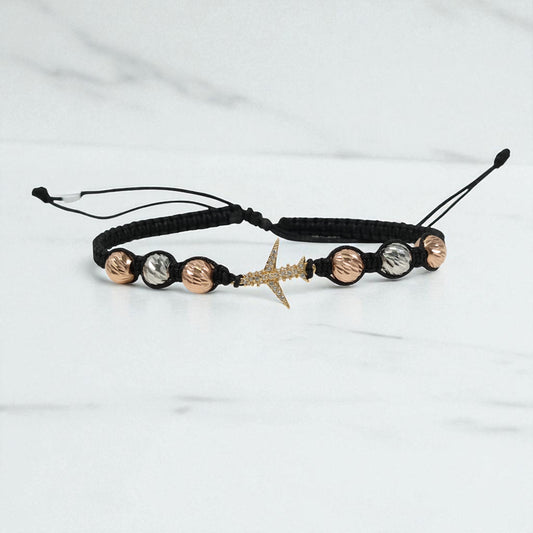 18K 3 Tone Airplane-Diamond Cut Balls Bracelet Tejido / 2.64gr / Adjustable / White Zircons