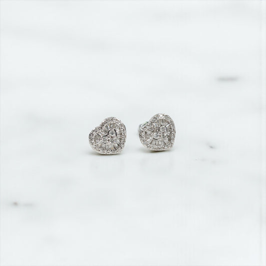 10K WG Diamond Double Little Heart Stud Earrings / 1.62gr / 8mm / D-0.35Ct