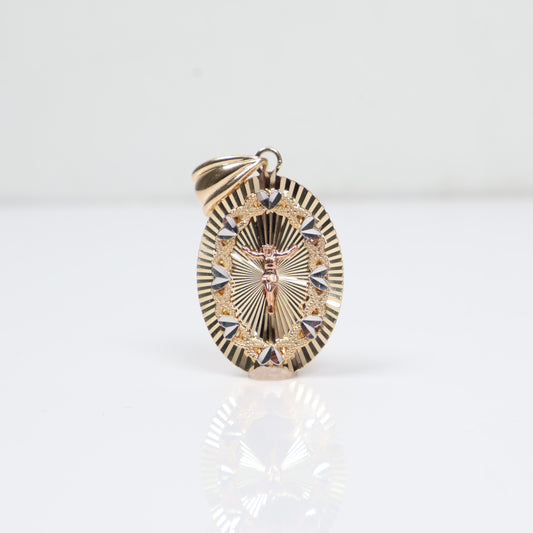 14K 3 Tone Oval Crusifix Pendant / 3.1gr / 1in /