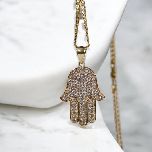 10K YG Hamsa Hand Pendant / 5.6gr / 1.6in / Zircons