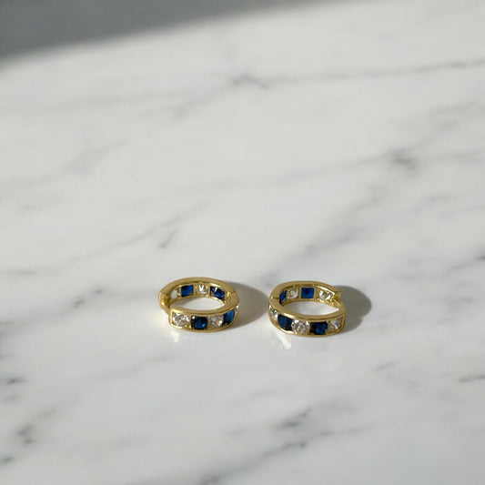 14K Yellow Gold Luxury Bluestone Hoop Earrings / 1.2gr