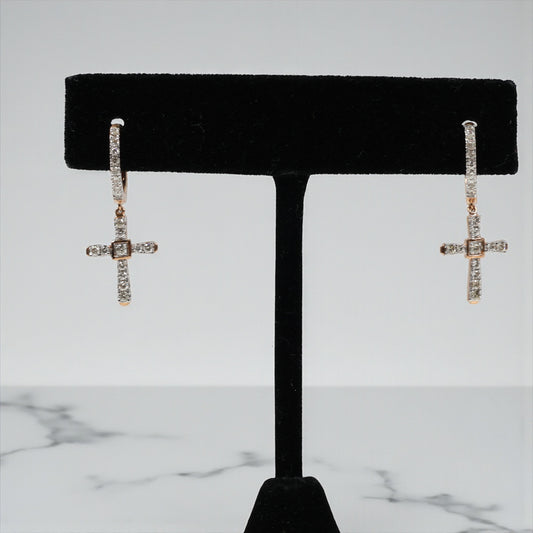 14K RG Diamond Cross Hoop Earrings / 2.4gr / / D-0.40Ct