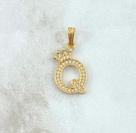 18K Yellow Gold Letter Q With Crown Pendant With Zircons / 1.44gr / 1in