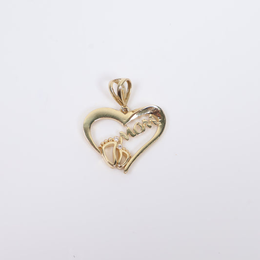 14K YG Heart-Mom Pendant / 2.34gr / 0.7in / White Zircons