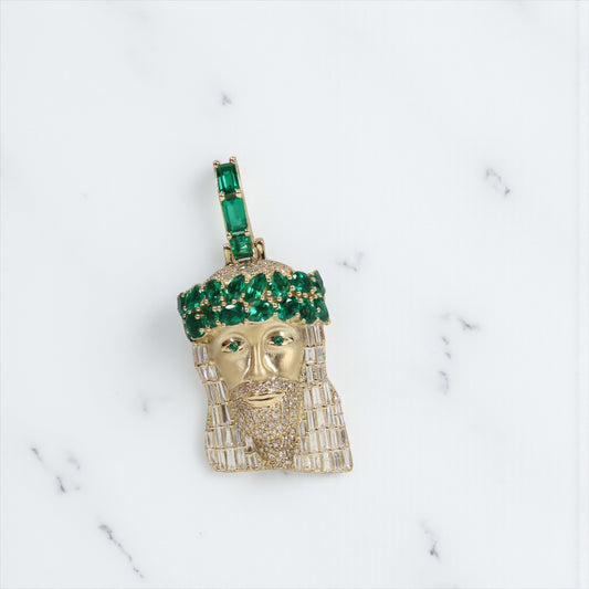 10K YG Diamond Jesus Face With Emerald Pendant / 11.32gr / 2in / Eme-3.25Ct / D-1.75Ct