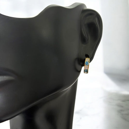 14K Yellow Gold Luxury Huggie Hoop Earrings With Sky Blue Zircons / 1gr