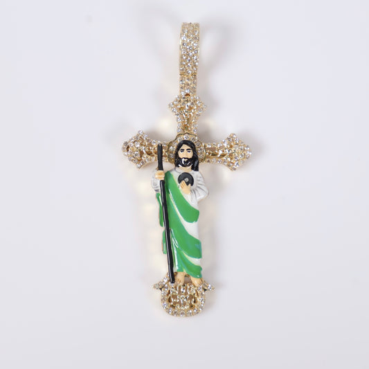 10K YG Diamond Cross With St. Jude Thaddeus Pendant / 7.96gr / 2in / 0.46Ct Dia
