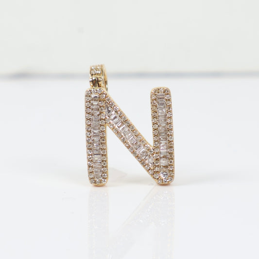 10K YG Diamond Baguette Letter N Pendant / 4.4gr / 0.8in / D-0.69Ct