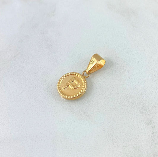 18K Yellow Gold Letter P Mate Pendant Bordered Circle / 0.55gr / 0.3in