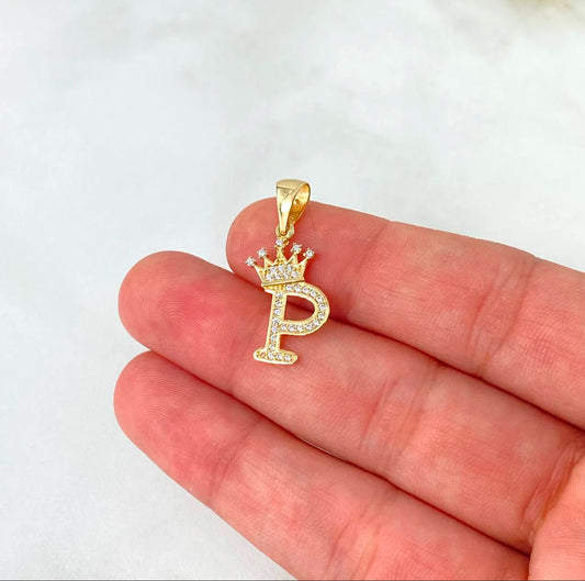 18K Yellow Gold Letter P With Crown Pendant With Zircons / 1.58gr / 1in