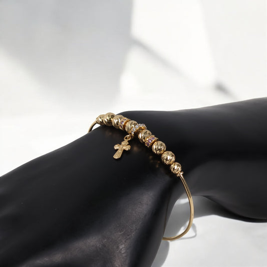 18K Yellow Gold Pd Cross Military Balls Diamond Cut Bracelet With Lila-White Zircons / 7.7gr / 5mm Y 6mm