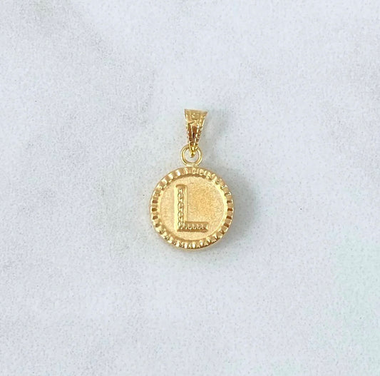 18K Yellow Gold Letter L Mate Pendant Bordered Circle / 0.60gr / 0.3in