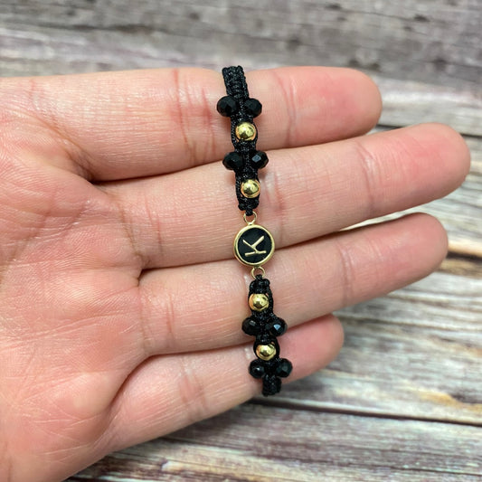 18K Yellow Gold Tejida Letter K With Black Resin-Smooth Balls Bracelet Adjustable / 0.74gr