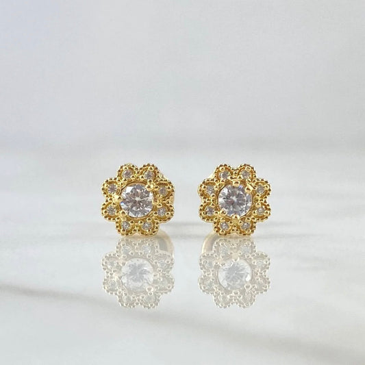 18K Yellow Gold Flower Stud Earrings With Zircons / 1.25gr / 7mm