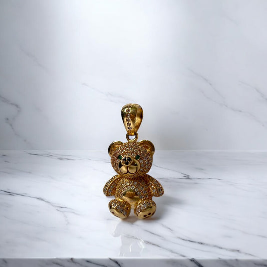 18K Yellow Gold Bear Pendant With White/Green Zircons / 7.8gr