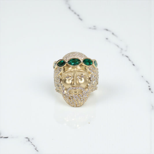 10K YG Diamond Jesus Face With Emerald Rings / 16.77gr / Sz 10 / Eme-1.75Ct / D-2Ct