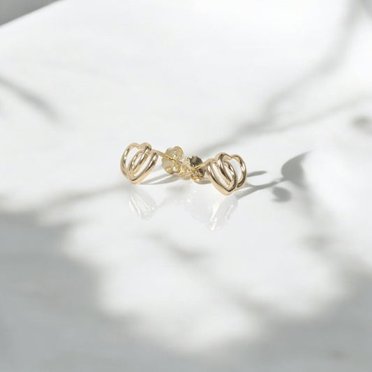 14K YG Double Heart Stud Earrings / / 12mm /