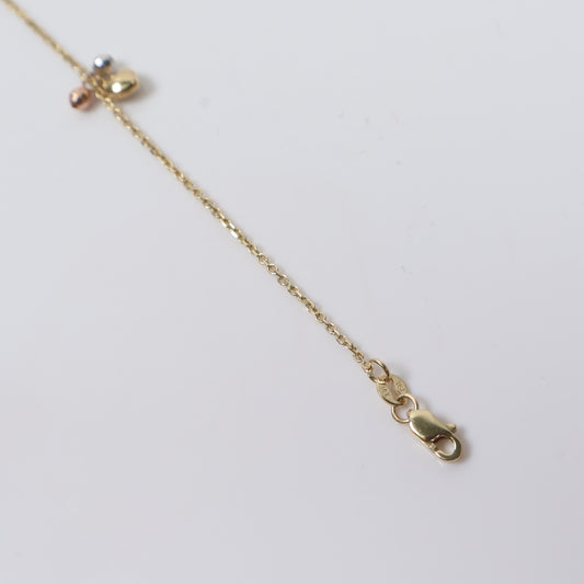 14K 3 Tone Little Hearts - Diamond Cut Balls Anklet / 2.3gr / 0.8mm / 10in /